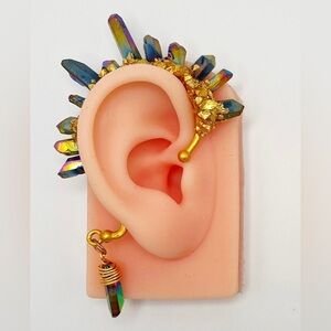 Blue Rainbow Quartz Crystal Ear Cuff - Single Cuff for Right Ear, Gold Accents